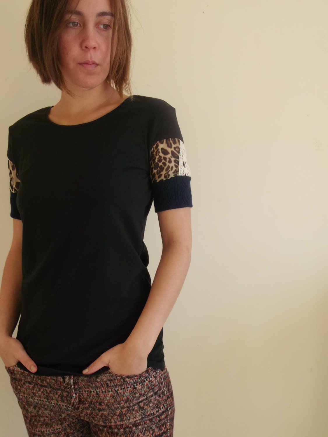 S upcycled tshirt in black, animal print and royal blue - small