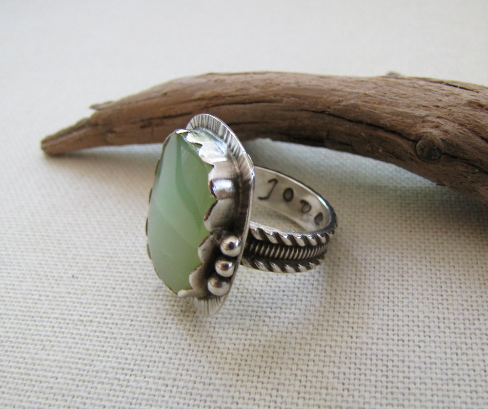 Seafoam Green Opal Stone Sterling Silver Ring. Love Stamped Metalsmith Jewelry. Ring Size 6
