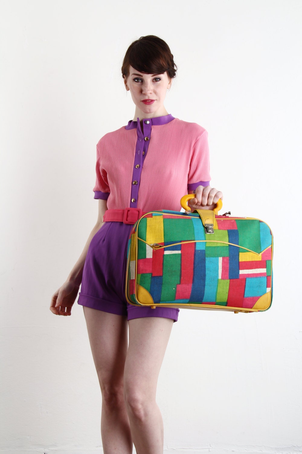 Vintage Suit Case . Travel Tote . Color Block 1960s Carry On Bag