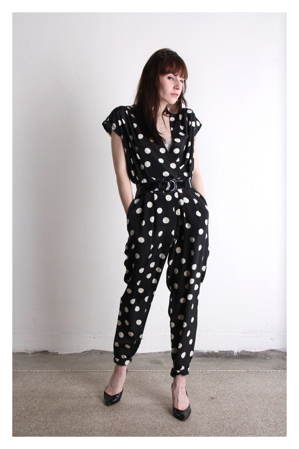 Vintage Jumper . One Piece Polka Dot Pants Suit . 1980s
