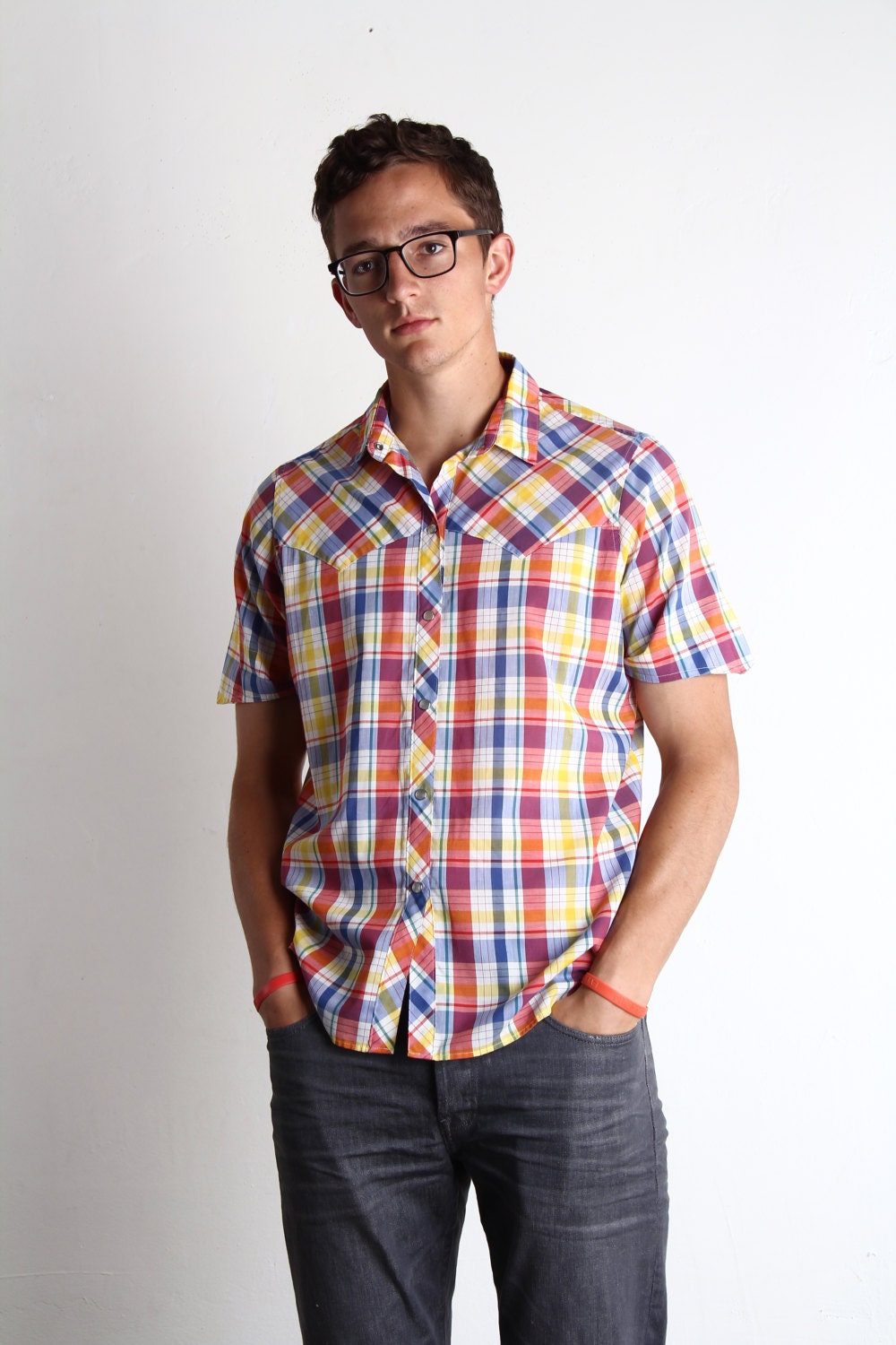 Vintage Mens Shirt . Rainbow Plaid . Pearl Snaps