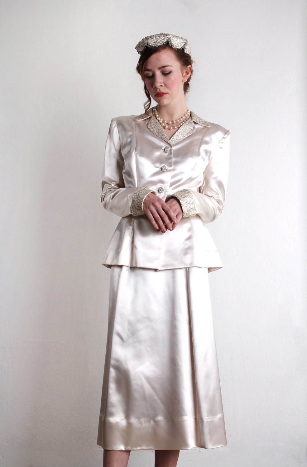 1940s Wedding Suit . Skirt Jacket Set . Satin Two Piece Formal BRIDAL Attire