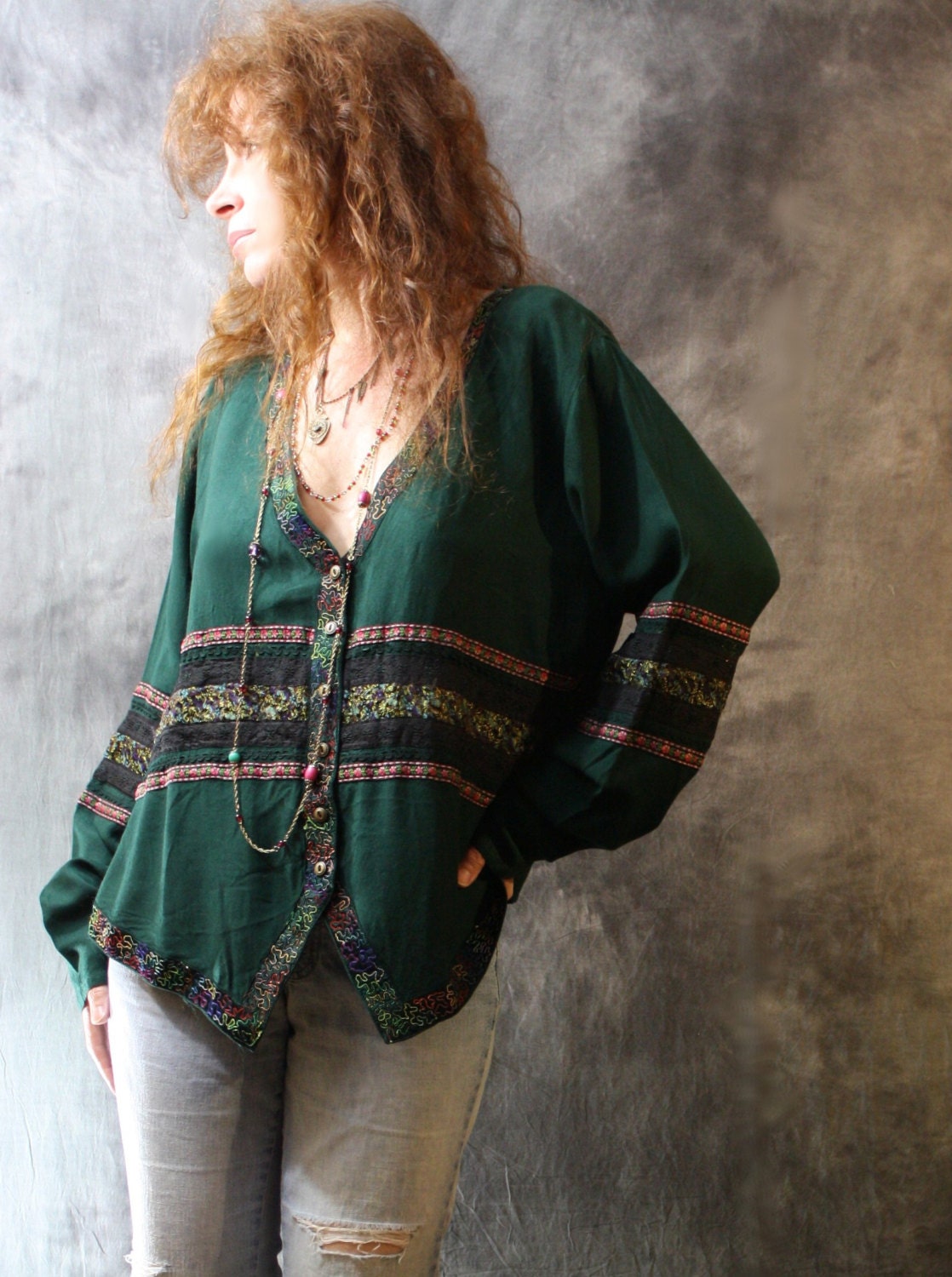Vintage 1980s Hippie India Embroidered Trim Dress Top Blouse