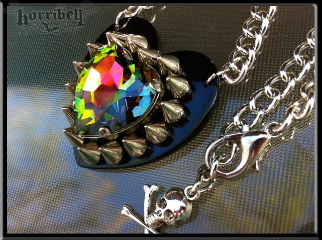 Heart Spike Necklace with Vitrail Swarovski Crystal Heart & Skull Charm // Punk Rock Gothic Necklace