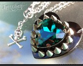 Spike Necklace - Emerald Green Swarovski Crystal Heart Necklace, Gothic Jewelry, Skull and Crossbones Charm