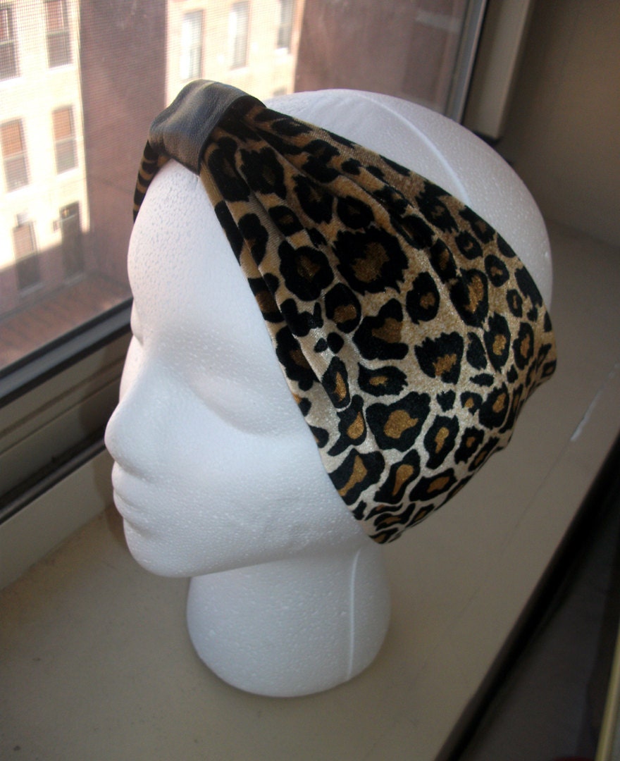 Animal Leopard Print Soft Velvet Headband Turban with Black Leather