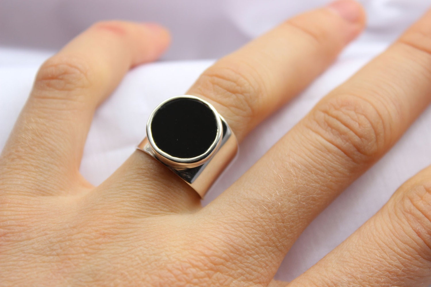 Onyx Geometric Ring, Sterling silver,  Made to order in your size, Black Round Stone ring