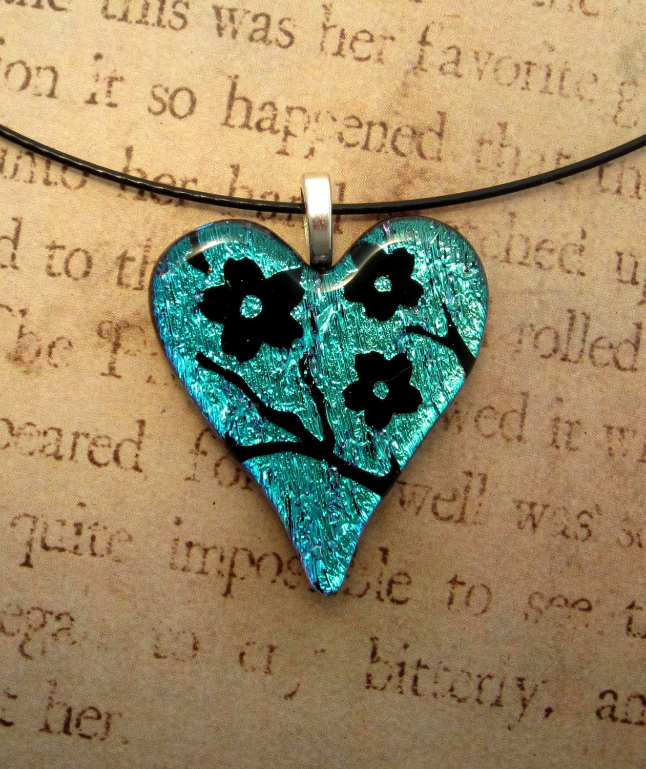 Fused Glass Pendant Cherry Blossoms Teal Blue Heart With Free Necklace Cord