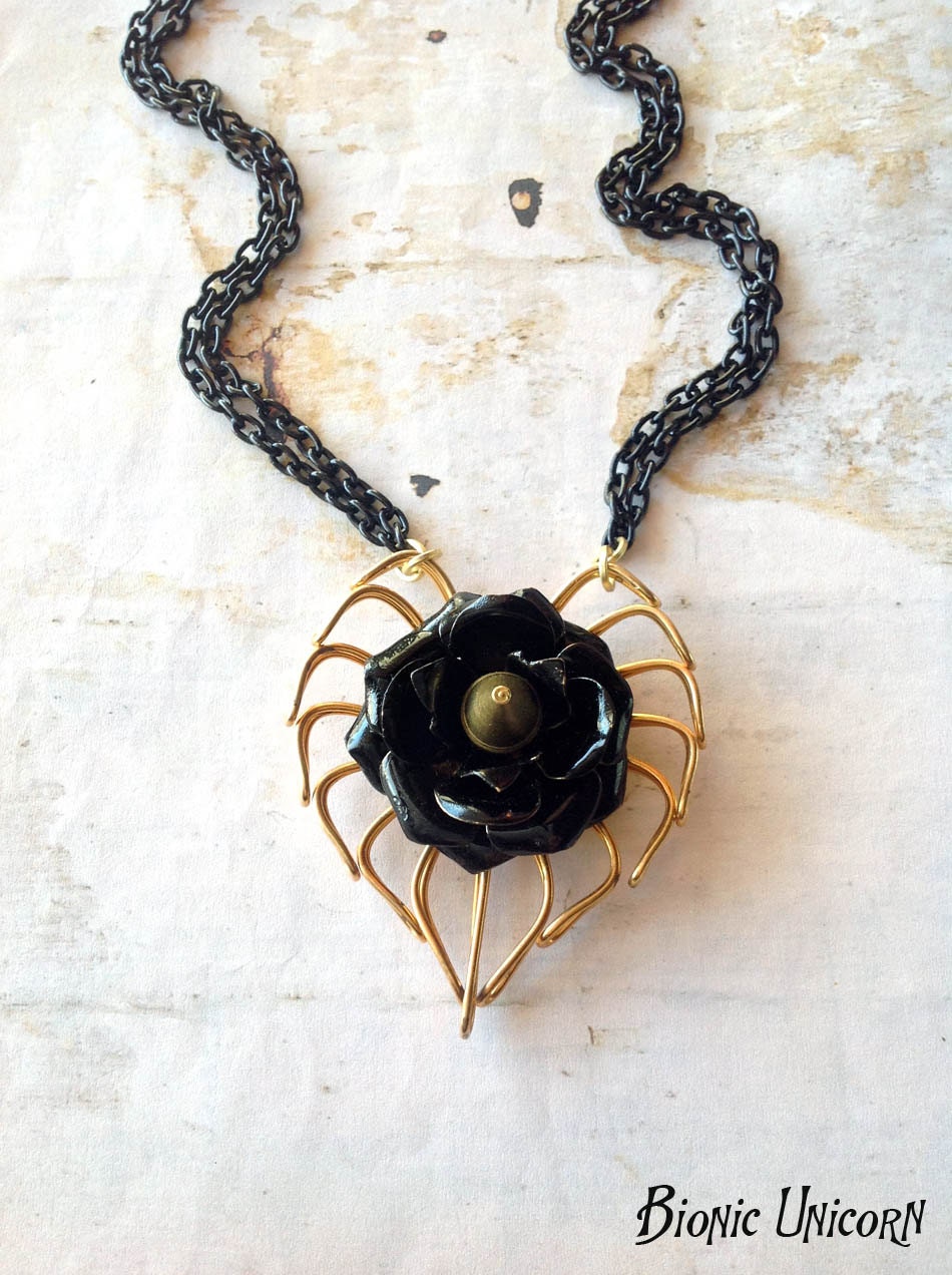 Spiked Rose Necklace in Black and Gold - Black Enamel Rose with Brass Spike and Gothic Heart