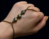 earth tones hand chain // yellow turquoise jasper and tiger's eye stone beads on antique bronze toned pretzel chain // nickel free