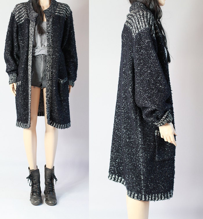 vintage 80s  gray black nubbed LONG CARDIGAN SWEATER coat womens m/l
