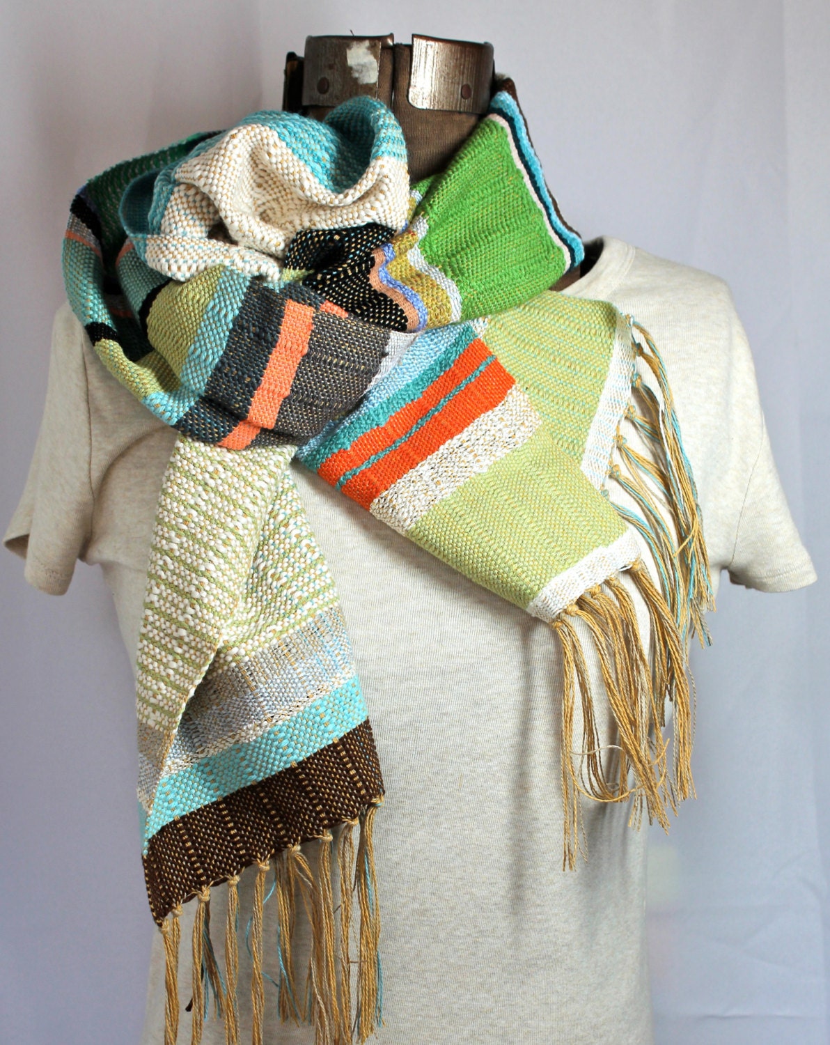 Meredith - Handwoven Summer Scarf in Kelly Green, Periwinkle and Tender Shoots - Pantone Spring