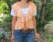 70s Peach Satin Ruffle Tie Top