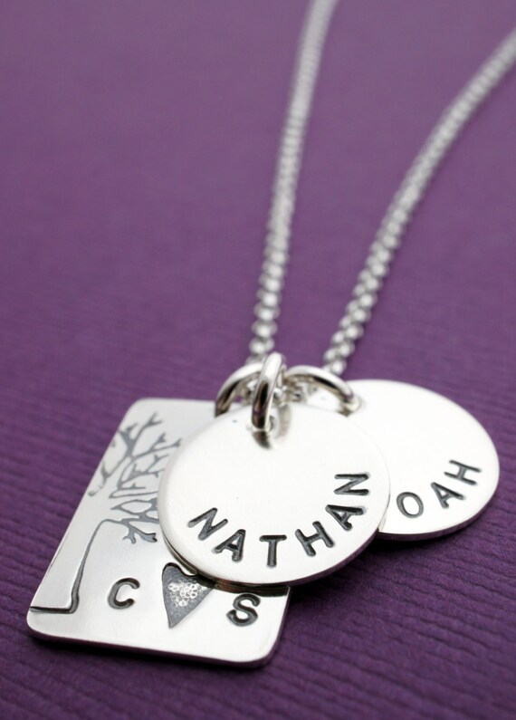 Personalized Jewelry in Sterling Silver - Under the Oak Tree Plus TWO - Handstamped Tree of Life w/ Couples Initials - Personalized Necklace