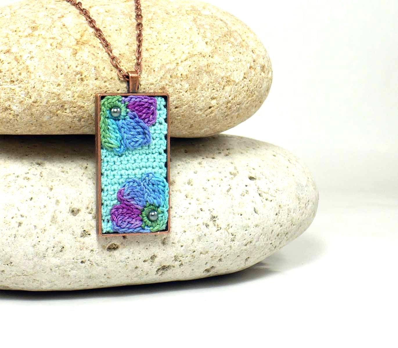 Antique Copper Pendant Crochet Flower Necklace Purple Blue Green Aqua Bridesmaid Gift Fabric Flower Pendant Fiber Art Crochet Pendant