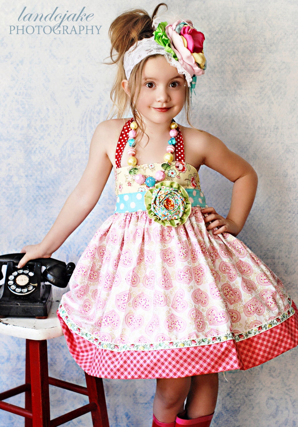 M2M JK Heirloom Sweet Heart Ellie Halter  Dress Chunky Necklace for Little Girls