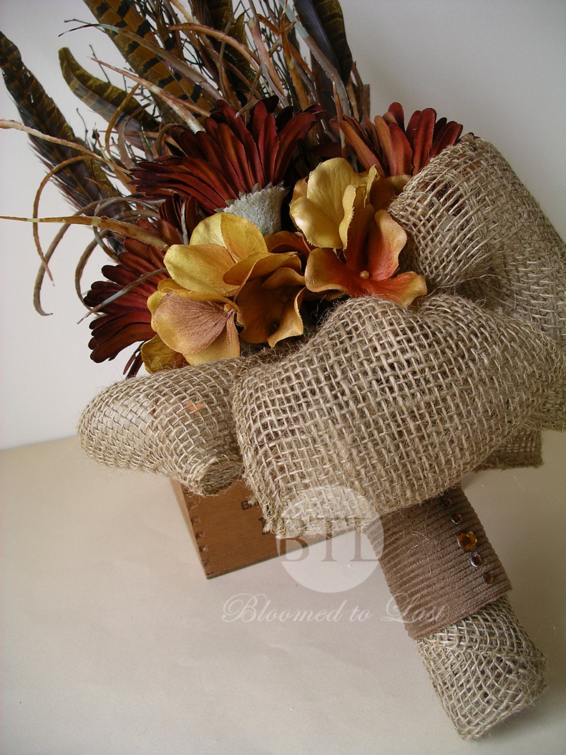 Fall Silk Pheasant Feather Daisy, Hydrangea Wedding Bouquet with Burlap Grasses in Rust, Brown & Gold