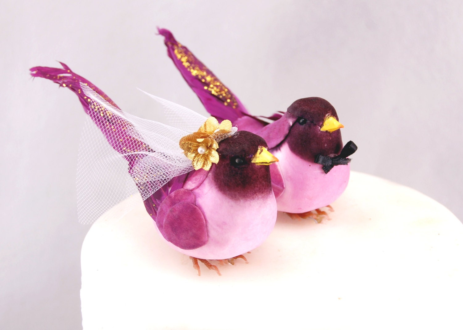 NEW and ON SALE Fancy Finch Love Birds Wedding Cake Topper: Bride & Groom Wedding Cake Topper in Purple and Gold
