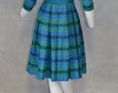 Vintage 1950s Dress by Safian Designed. Striped Stripes in Peacock Colors and abstract atomic pattern. Boat neck wih low back Bust 36