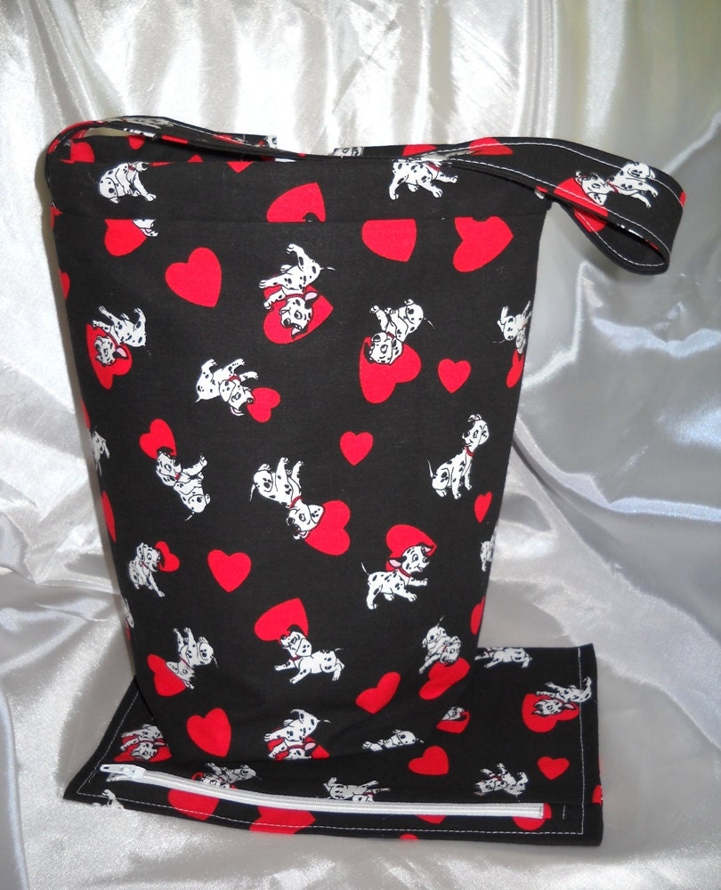 Knitting  Bag, Sock knitters bag, project bag, Dalmation puppies n hearts cotton, Crochet tote bag, zipper notions accessories bag