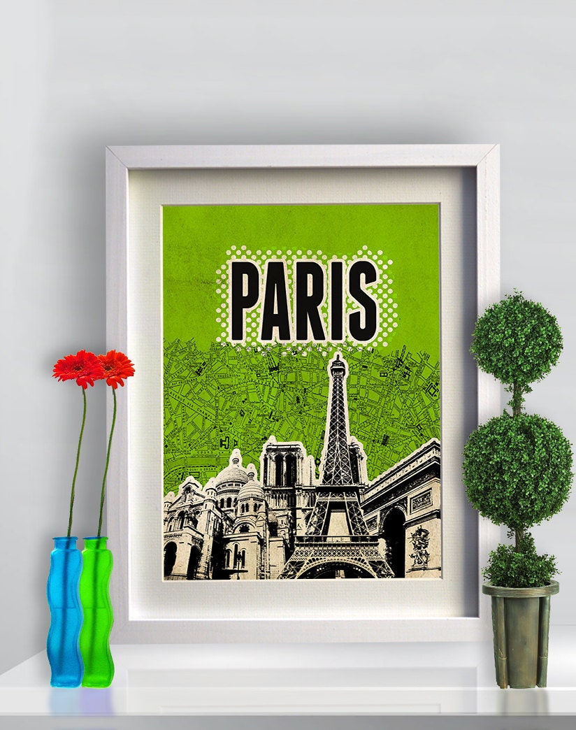 Canvas Print France Paris City  Poster Cityscape artwork  Mixed Media art on canvas Handmade Wall Decor typography print