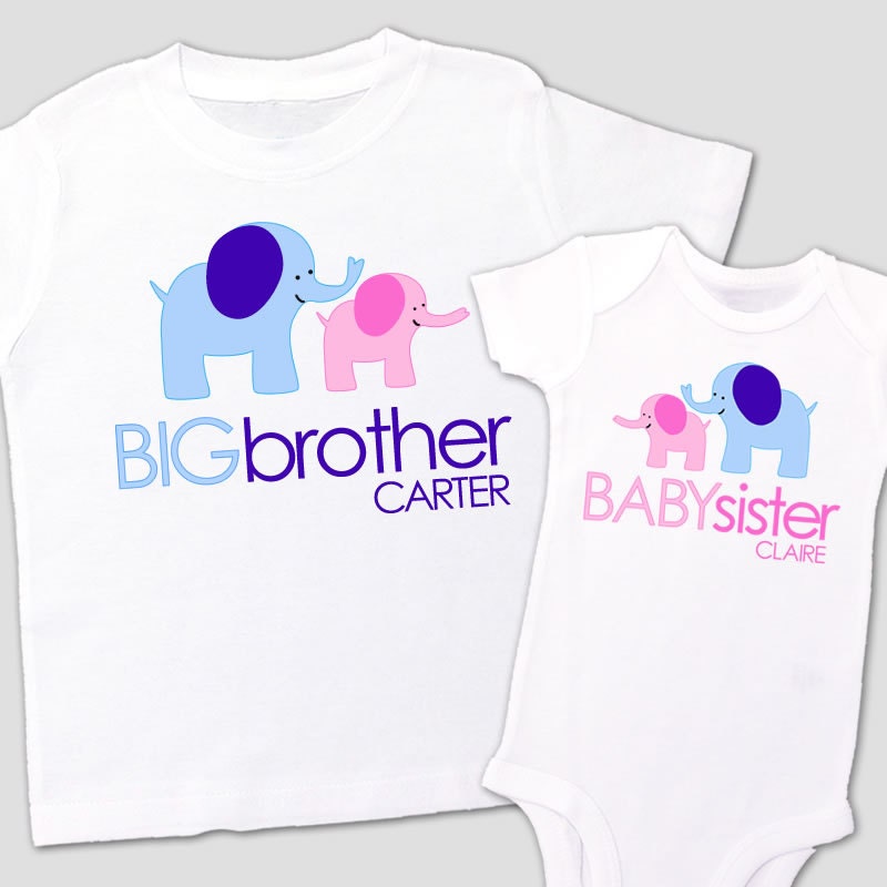 Big brother baby sister elephant sibling Tshirt set