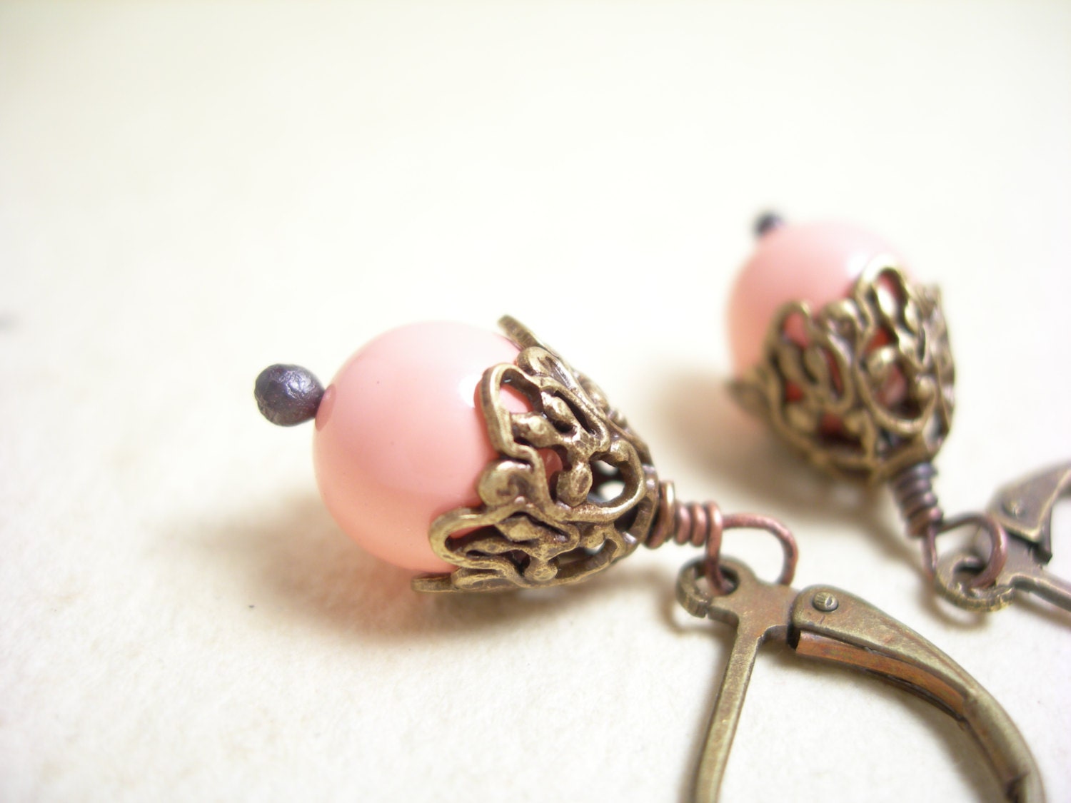 Pink coral glass earrings swarovski brass pamelasjewelry