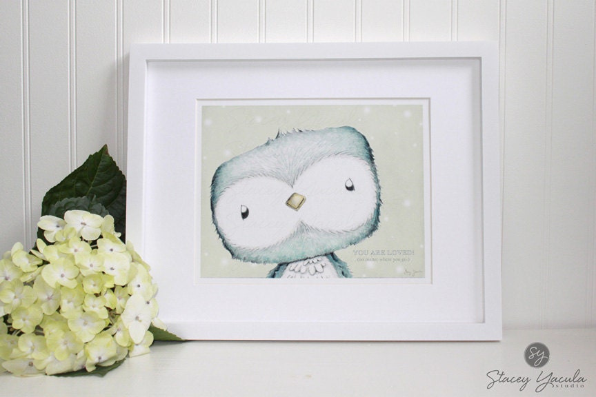 illustration, Art Print, Turquoise, Owl, Love,Green,  L'l Turquoise