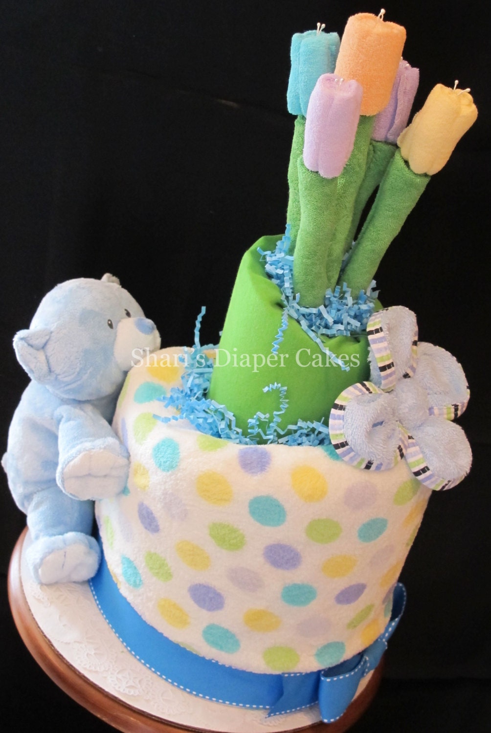 Spring Flowers & Blue Bear 2-Tier Topsy Turvy Diaper Cake - Baby Gift - Baby Shower Centerpiece