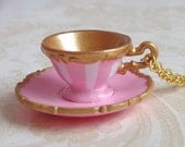 Alice in Wonderland Tea cup Necklace IV - Handmade miniature pink teacup necklace