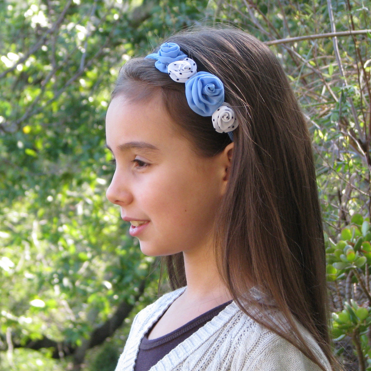 Rose headband, in lake blue and polka dot white fabric, child size
