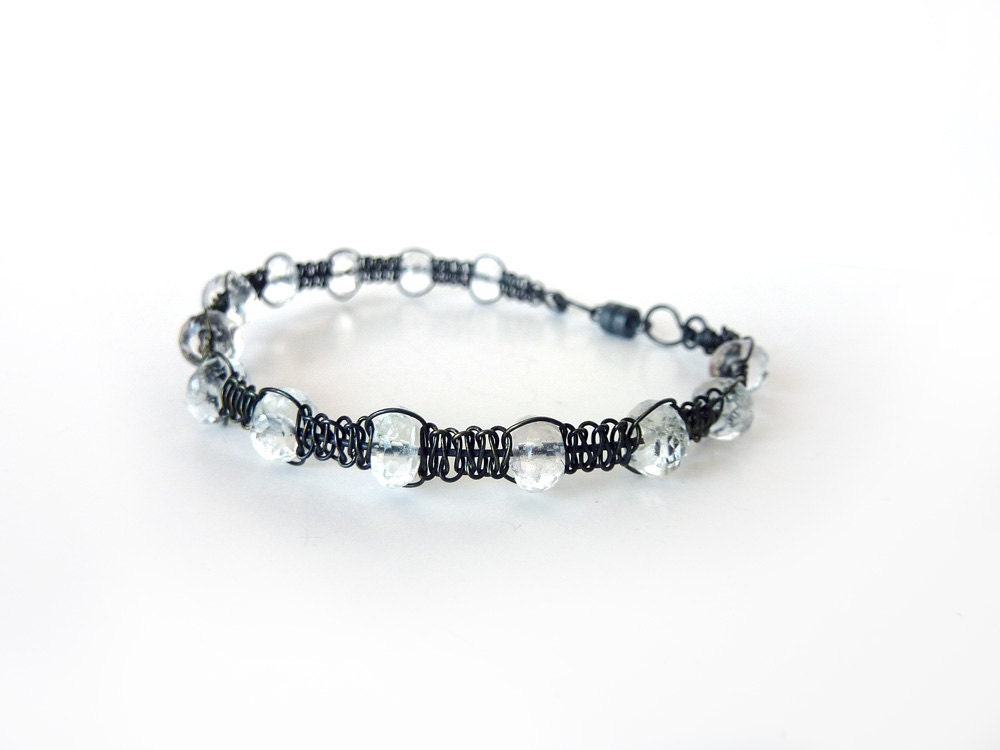 Aquamarine Bracelet - Oxidized Sterling Silver Micro Macrame Bracelet - Tagt Team