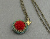 Bird Sparrow Filigree Locket, Hand Verdigris, Wonderland, Red Burgundy, Botanical, Romantic  Locket Necklace- TIVONA 2