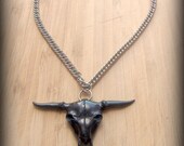 Tribal Black Carved Horn Steer Head Pendant with Green Turquoise Stone Necklace
