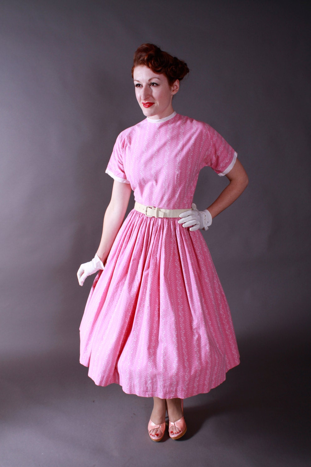 Vintage 1950s Dress - Sweet 50s Lanz Pink and White Cotton Day Dress