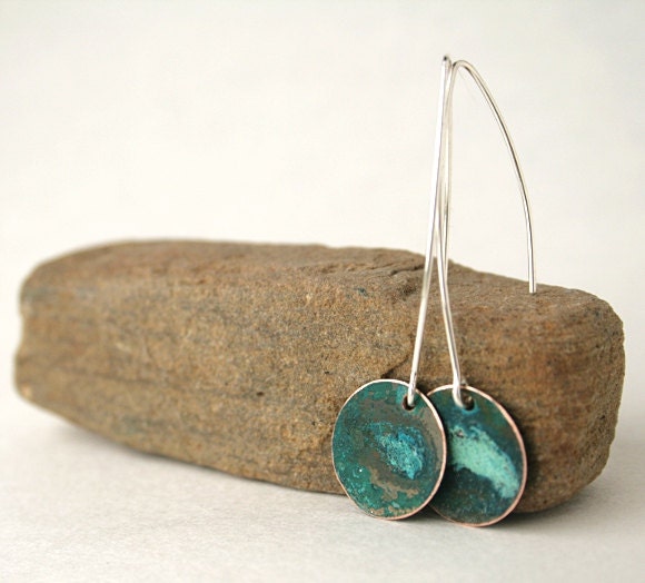Turquoise patina earrings, elongated sterling silver drop style