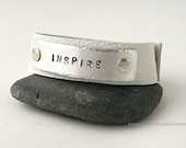 Inspire hand stamped leather bracelet, white, womens cuff
