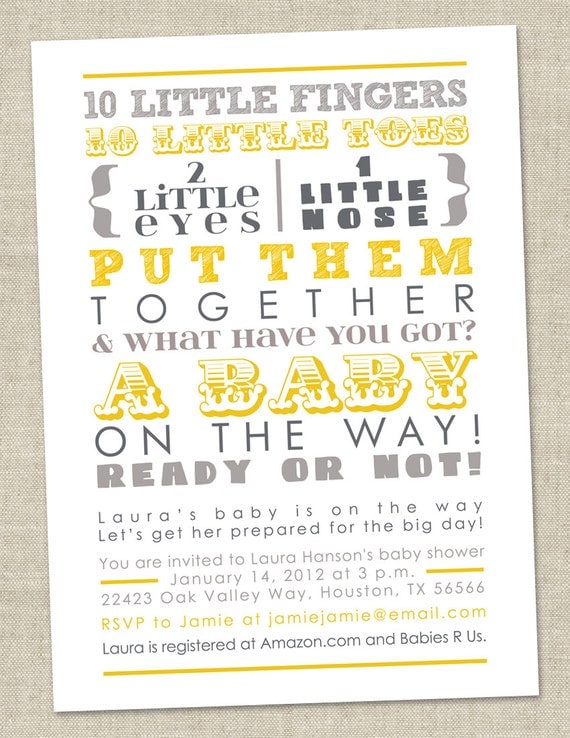 Baby Shower Invitation - words, gender neutral gray yellow (Printable Digital File OR Printed Cards)