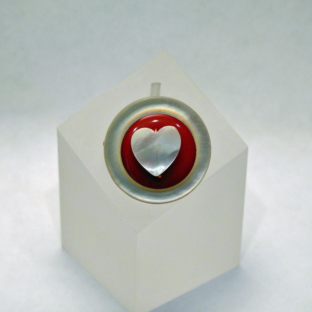 Wire-wrapped Ring - Mother-Of-Pearl Heart and Red Button Bead - Size 6