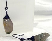 Green Tree Agate Navy Blue Wire-wrapped Nugget Dangle Earrings - E98