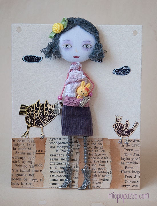 Reserved for Roberta Art Doll Brooch Little Girl and her Bunny mixed media collage