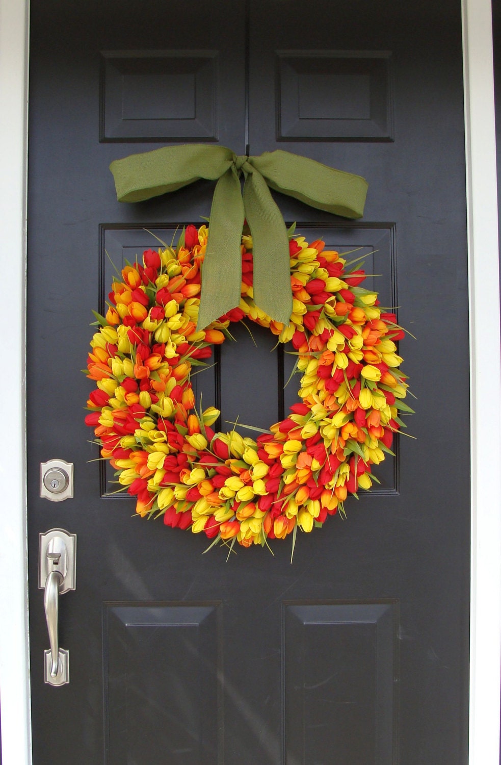 Spring Decor- Original Tulip Spring Wreath, Wreath for Spring, Custom Colors and Ribbon, 24 inch Spring Wreath, Door Wreath