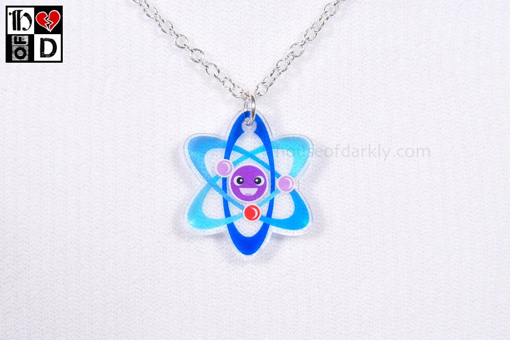 Adorable Atom translucent acrylic necklace on silver chain for science fans