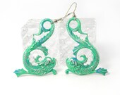 Turquoise Fish Earrings, Metal Chandelier Earrings, Pisces, Asian Inspired, Hand Painted, Sea Serpent, Koi, Water Sign, Zodiac Jewelry