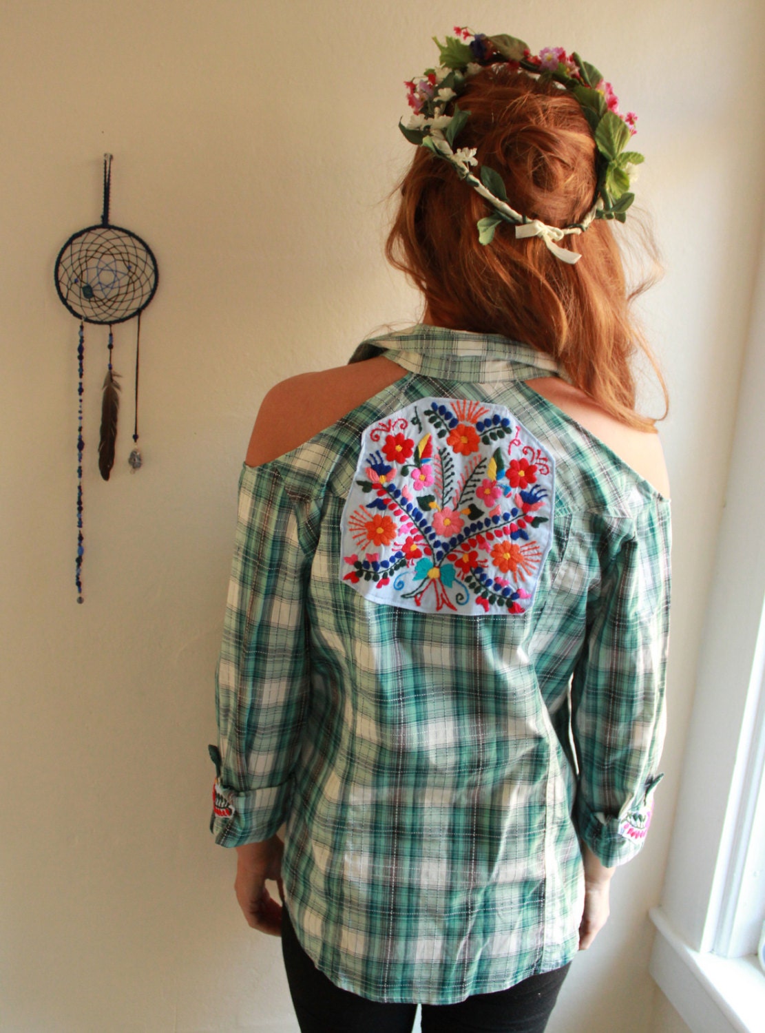 Blue Tones Mexican Embroidered Open Cold Shoulder Upcycled Plaid Button Up Top Shirt Women's Recycled Clothing Size Medium