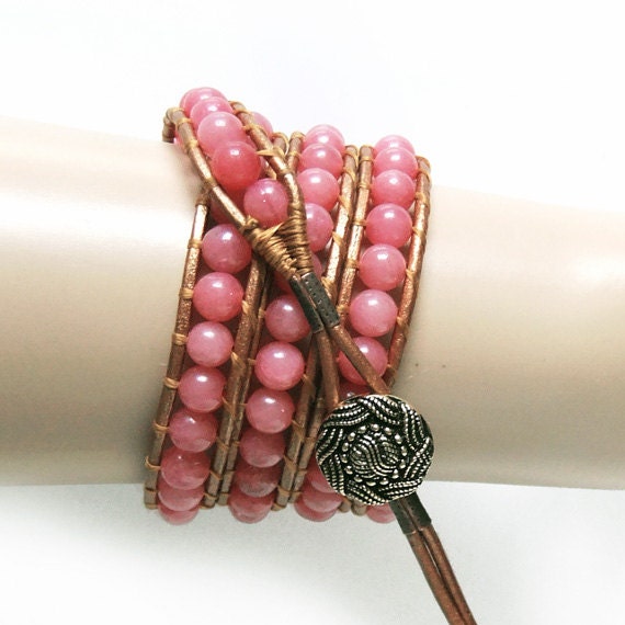 Dusky Rose Pink Jade Gemstone Bead Leather Wrap Bracelet, Chan Luu Style, Handmade, 4 Wraps, Leather Cord