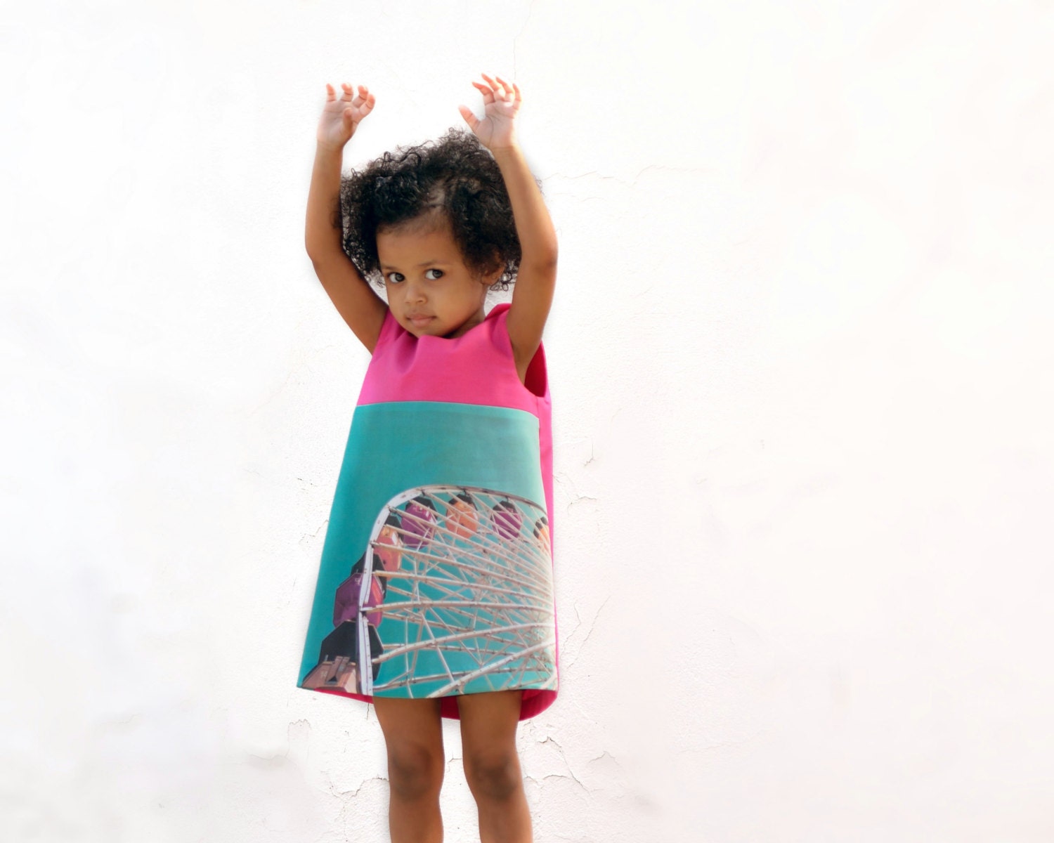 Organic Ferris Wheel Girls Dress with Photo Fabric - Pink Aqua Blue Eco Friendly Retro Pinafore - Summer Kids Fashion