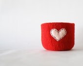 large felted bowl - bright cherry red wool bowl with pale pink heart - Valentine's day gift  or air plant container
