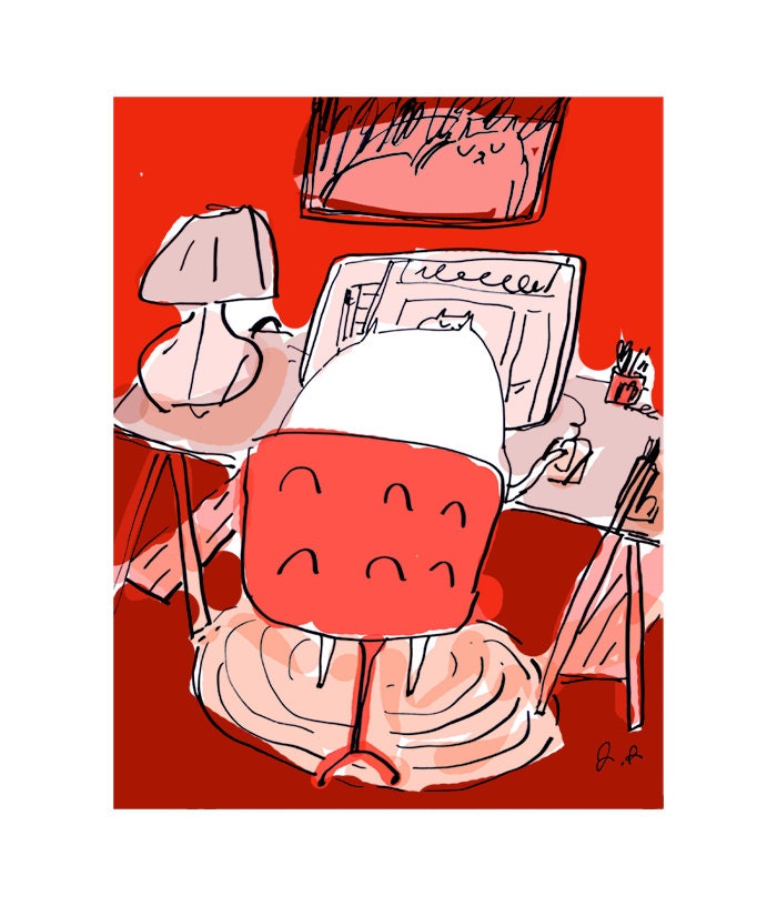 In the studio- Cat Illustration- Matisse- Red