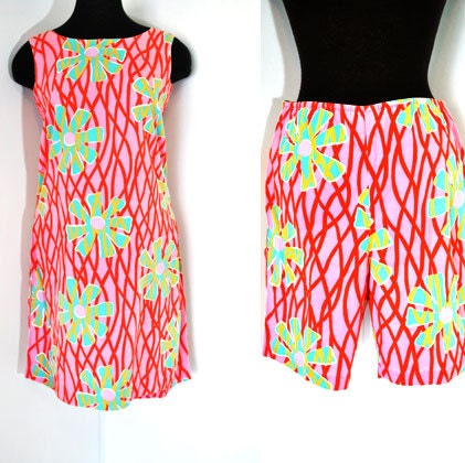 2 pc. pink AQUA red vintage 60s MOD hawaiian shift tunic dress shorts PLAYSUIT small